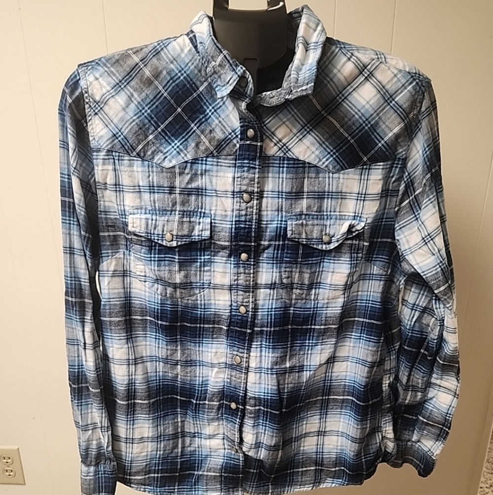 JACHS Girlfriend Ladies Blue Plaid Flannel Shirt - Size Large‎